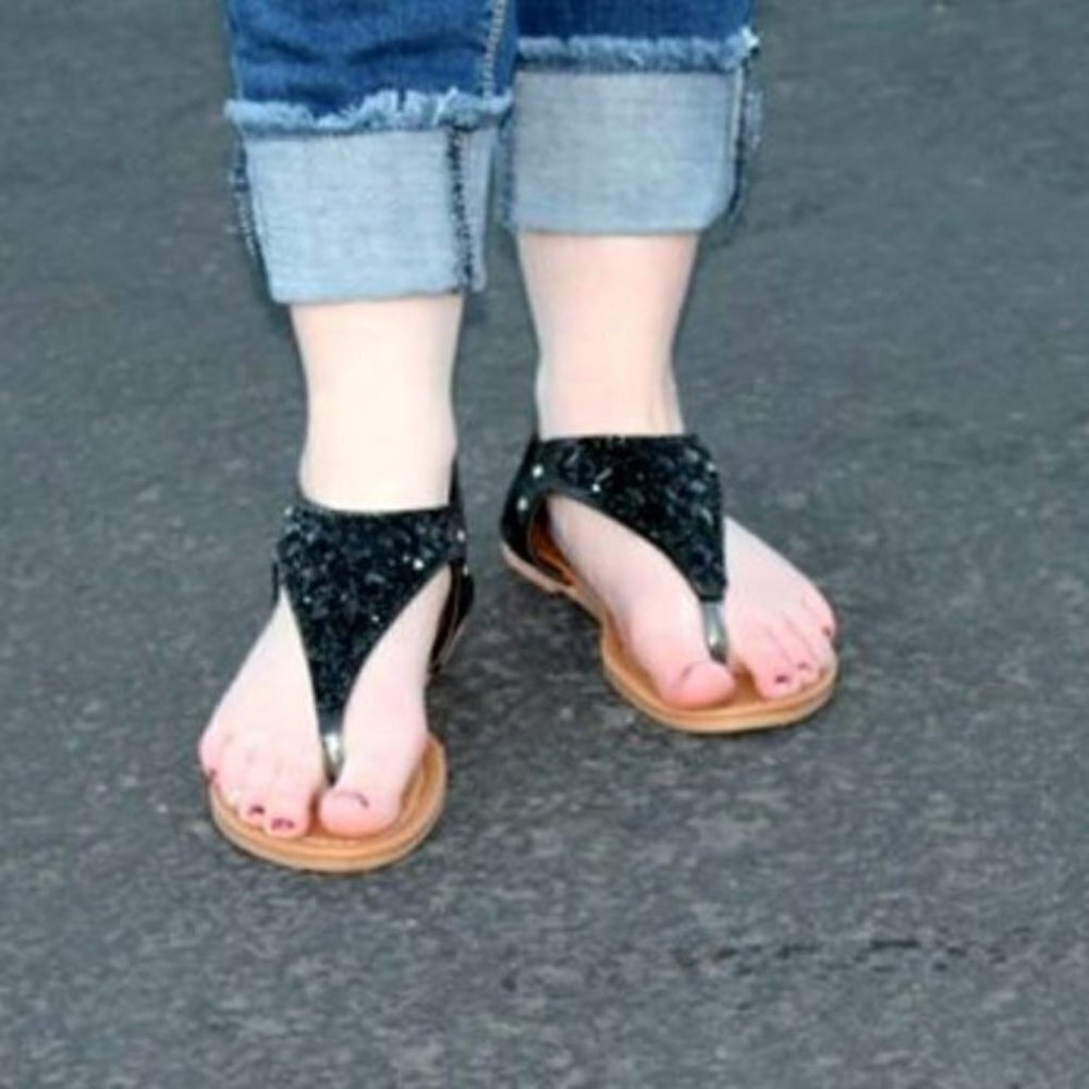 Black Thong Sandals Shoes Rhinestone Sparkle - Picture 5 of 6